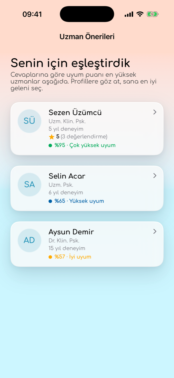 Setalla eşleşme ekranı — uzman önerileri